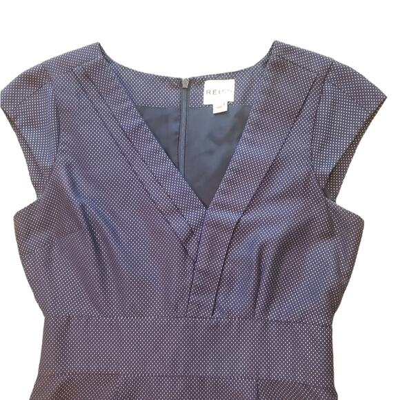 Reiss Blue Navy Dress with Metallic Detailing White Dots Sz 6 - Picture 2 of 14
